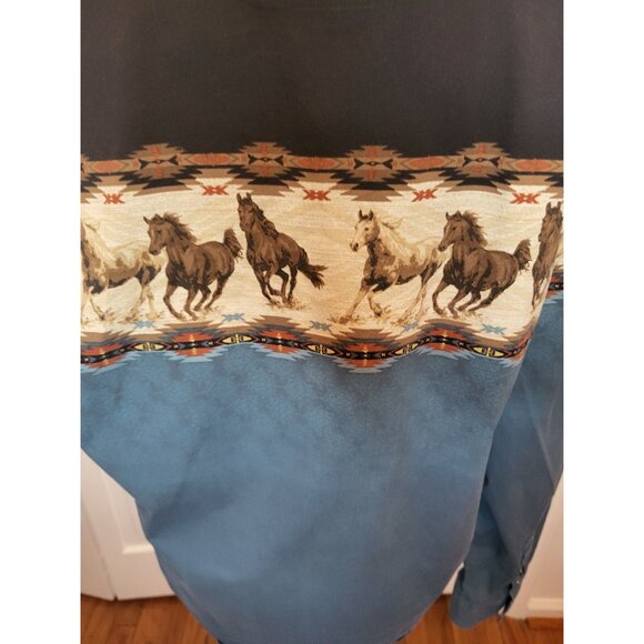 Women's Bit and Bridle Blue/Black Horse Print Button Up XL Western Cowgirl Rodeo - Picture 2 of 9